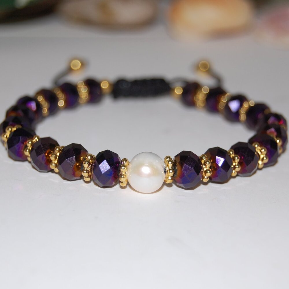 Pearl Bracelet,Fresh Water Pearl,Crystal Glass Beads,Drawstring,Purple Bracelet